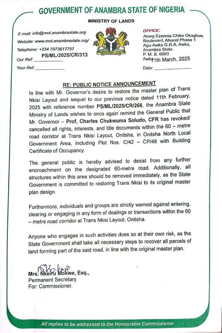Anambra Govt Revocation Note