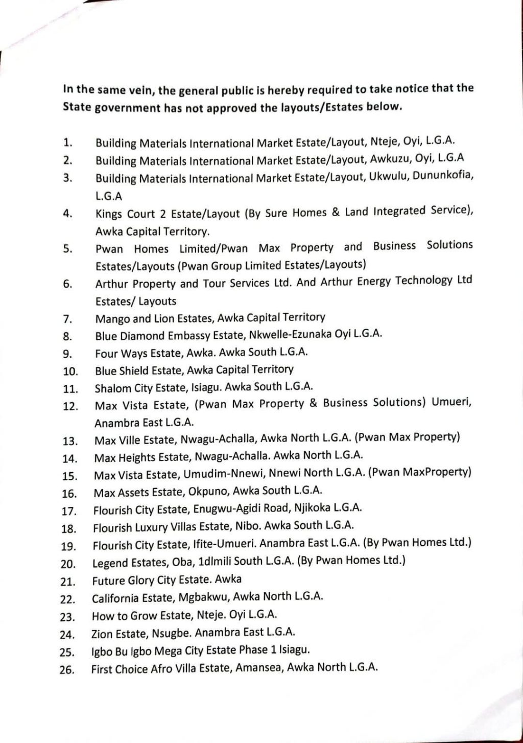 154 unapproved estates in Anambra