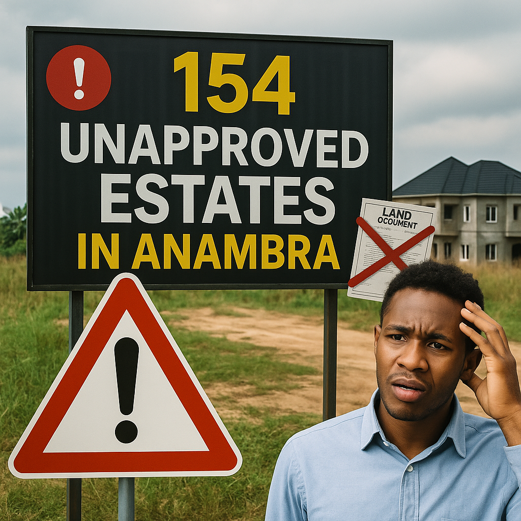 Warning sign in front of a real estate billboard showing "154 Unapproved Estates in Anambra", with a red alert symbol, an image of land documents crossed out, and a concerned buyer in the background. 154 unapproved estates in Anambra
