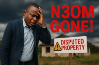 A distressed African man in his late 30s holding property documents, standing in front of a disputed building, symbolizing a land scam issue in Nigeria.