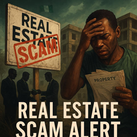 Distressed Nigerian man holding property papers in front of a "Real Estate SCAM" sign, with shady figures exchanging money in the background and an unfinished building behind them.