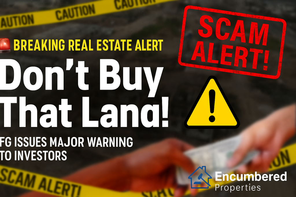 Warning sign overlaid on a digital map of Imo State with bold red text reading ‘FGN Land Not for Sale’ to alert investors about fraudulent land deals
