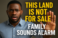 A young Black man in his late 20s looks confused while standing beside a “Land for Sale” sign, with a bold red “NOT FOR SALE” warning stamped across the image and a caution symbol in the corner.