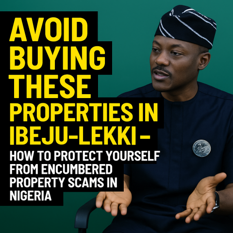 Warning sign on fenced land in Ibeju-Lekki showing property flagged as encumbered and not for sale in Lagos, Nigeria