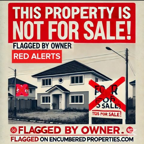 Warning sign on a vacant plot of land in Epe, Lagos, with a red alert banner indicating the property is flagged and not for sale, highlighting real estate fraud prevention.