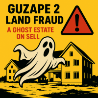 Illustration highlighting land fraud in Guzape 2, Abuja, featuring a ghost over abandoned estate buildings, a red warning triangle, and bold text reading "Guzape 2 Land Fraud – A Ghost Estate On Sell" on a yellow background.